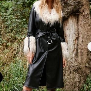 Nasty Gal Black Faux Leather Coat with Faux Fur Trim